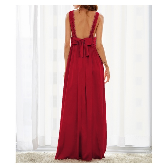 Bright Red Satin and Lace Details Maxi Dress - Picture 2 of 8